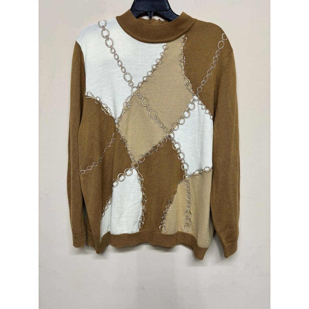 Alfred‎ Dunner Chain Print Sweater Womens 2X Brown Tan Pullover Knit Top